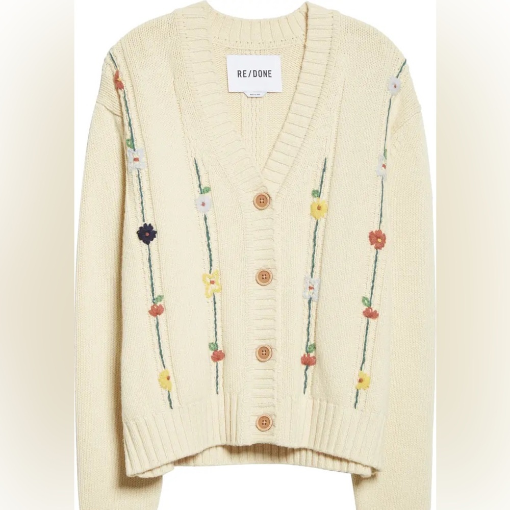 Re/Done 50s Embroidered V-Neck Cotton & Wool Blend Cardigan